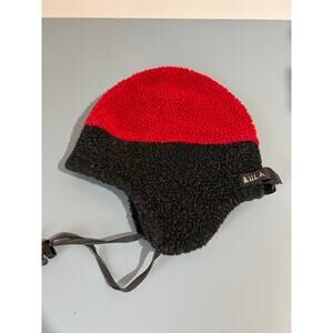 Vintage Bula fleece hat one size red blue ear flaps adjustable chin strap